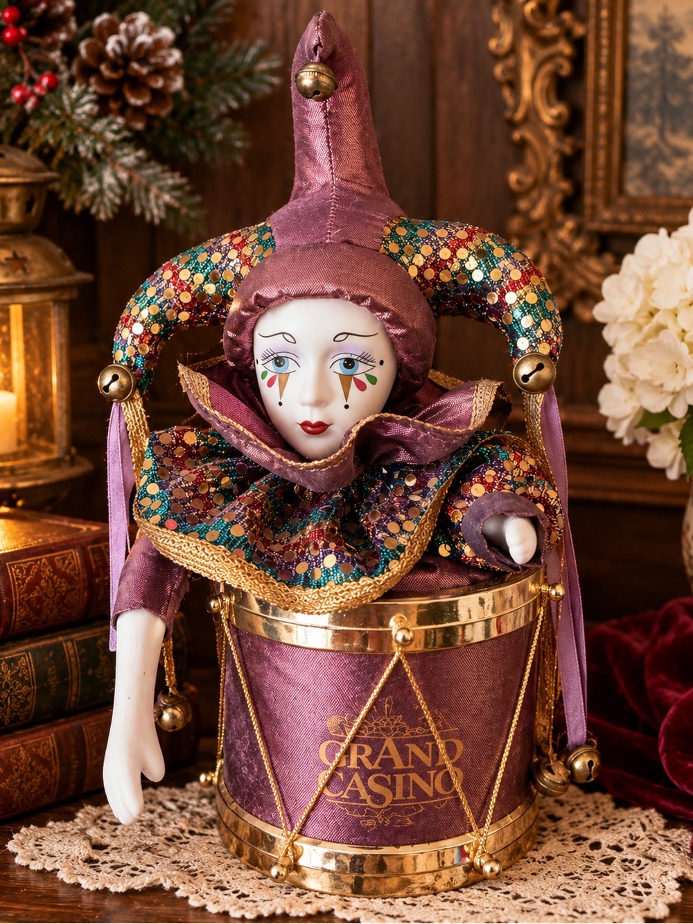 Rare Vintage Porcelain Jester Doll Grand Casino Drum Harlequin Figurine Decor